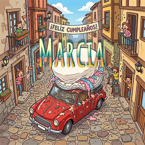 Un pueblo europeo celebrando un cumpleaños con un auto rojo cargando una torta y el nombre Marcia flotando