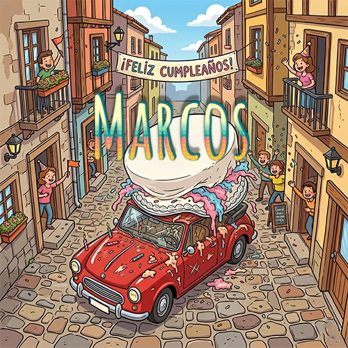 Un pueblo europeo celebrando un cumpleaños con un auto rojo cargando una torta y el nombre Marcos flotando