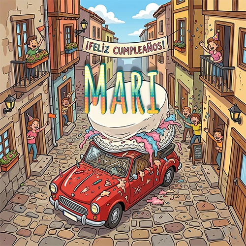 Un pueblo europeo celebrando un cumpleaños con un auto rojo cargando una torta y el nombre Mari flotando