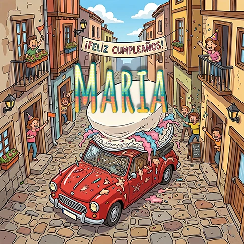 Un pueblo europeo celebrando un cumpleaños con un auto rojo cargando una torta y el nombre Maria flotando
