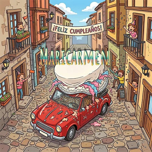 Un pueblo europeo celebrando un cumpleaños con un auto rojo cargando una torta y el nombre Maricarmen flotando
