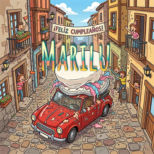 Un pueblo europeo celebrando un cumpleaños con un auto rojo cargando una torta y el nombre Marilu flotando