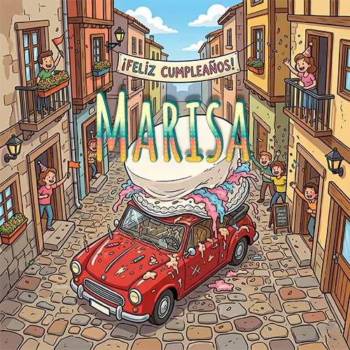 Un pueblo europeo celebrando un cumpleaños con un auto rojo cargando una torta y el nombre Marisa flotando