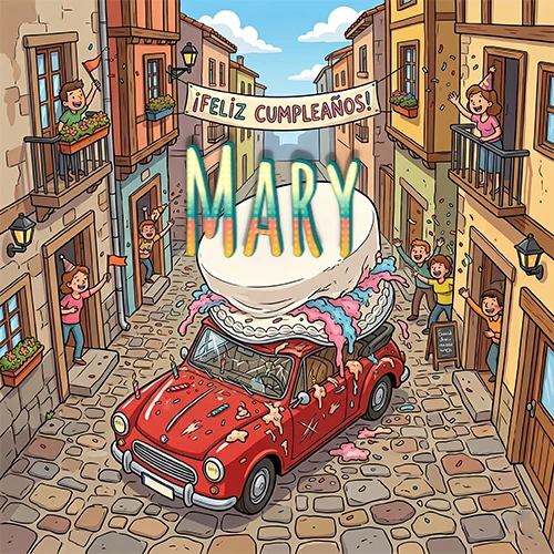 Un pueblo europeo celebrando un cumpleaños con un auto rojo cargando una torta y el nombre Mary flotando