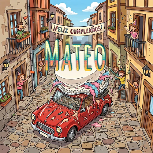 Un pueblo europeo celebrando un cumpleaños con un auto rojo cargando una torta y el nombre Mateo flotando