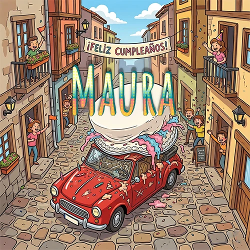 Un pueblo europeo celebrando un cumpleaños con un auto rojo cargando una torta y el nombre Maura flotando