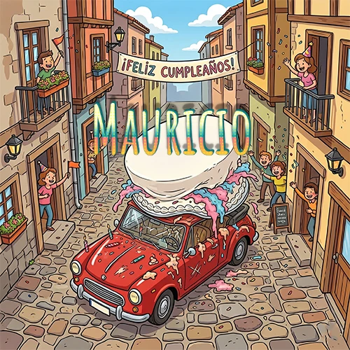 Un pueblo europeo celebrando un cumpleaños con un auto rojo cargando una torta y el nombre Mauricio flotando
