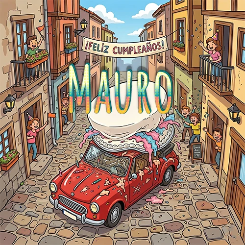 Un pueblo europeo celebrando un cumpleaños con un auto rojo cargando una torta y el nombre Mauro flotando