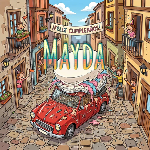 Un pueblo europeo celebrando un cumpleaños con un auto rojo cargando una torta y el nombre Mayda flotando