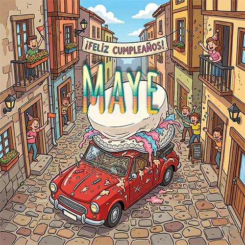 Un pueblo europeo celebrando un cumpleaños con un auto rojo cargando una torta y el nombre Maye flotando