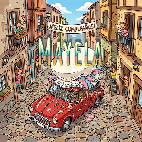 Un pueblo europeo celebrando un cumpleaños con un auto rojo cargando una torta y el nombre Mayela flotando