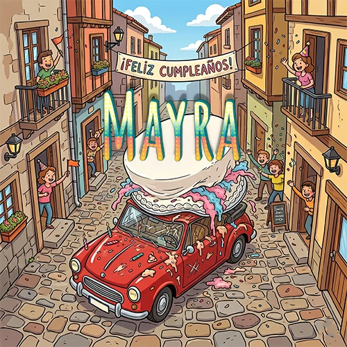 Un pueblo europeo celebrando un cumpleaños con un auto rojo cargando una torta y el nombre Mayra flotando