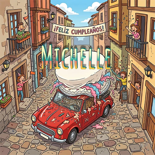 Un pueblo europeo celebrando un cumpleaños con un auto rojo cargando una torta y el nombre Michelle flotando