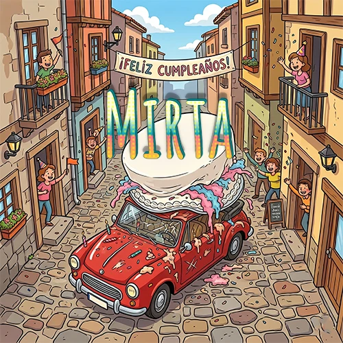 Un pueblo europeo celebrando un cumpleaños con un auto rojo cargando una torta y el nombre Mirta flotando
