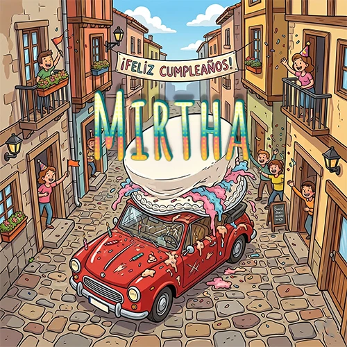 Un pueblo europeo celebrando un cumpleaños con un auto rojo cargando una torta y el nombre Mirtha flotando