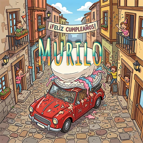 Un pueblo europeo celebrando un cumpleaños con un auto rojo cargando una torta y el nombre Murilo flotando