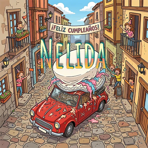 Un pueblo europeo celebrando un cumpleaños con un auto rojo cargando una torta y el nombre Nelida flotando