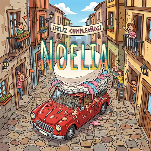 Un pueblo europeo celebrando un cumpleaños con un auto rojo cargando una torta y el nombre Noelia flotando