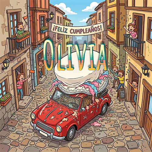Un pueblo europeo celebrando un cumpleaños con un auto rojo cargando una torta y el nombre Olivia flotando