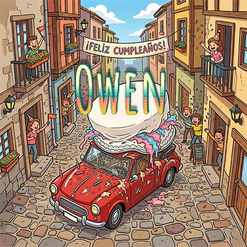 Un pueblo europeo celebrando un cumpleaños con un auto rojo cargando una torta y el nombre Owen flotando