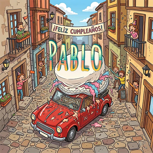 Un pueblo europeo celebrando un cumpleaños con un auto rojo cargando una torta y el nombre Pablo flotando