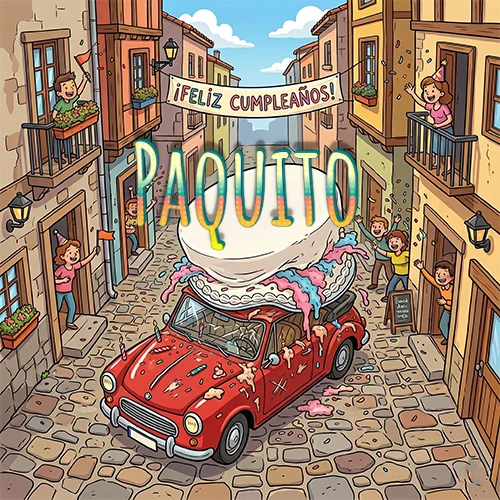 Un pueblo europeo celebrando un cumpleaños con un auto rojo cargando una torta y el nombre Paquito flotando