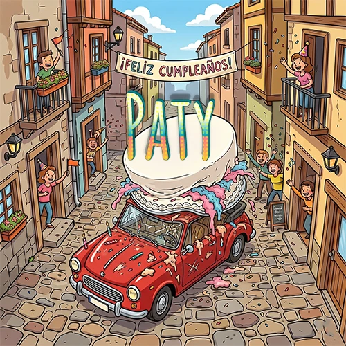 Un pueblo europeo celebrando un cumpleaños con un auto rojo cargando una torta y el nombre Paty flotando