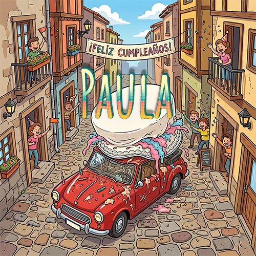 Un pueblo europeo celebrando un cumpleaños con un auto rojo cargando una torta y el nombre Paula flotando