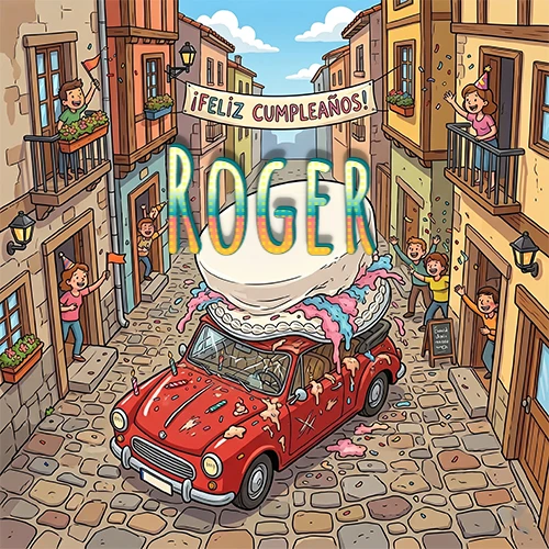 Un pueblo europeo celebrando un cumpleaños con un auto rojo cargando una torta y el nombre Roger flotando
