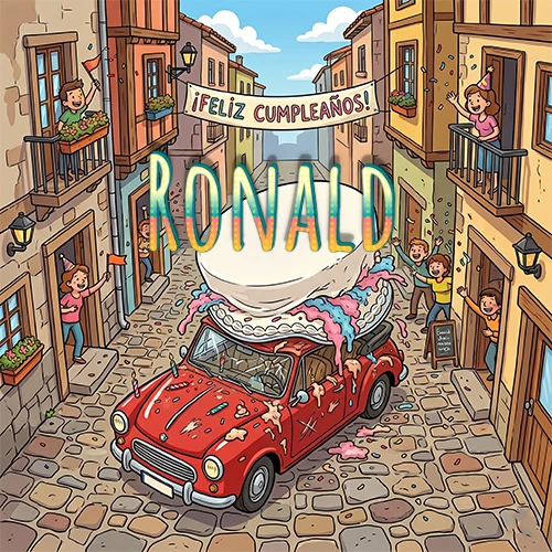 Un pueblo europeo celebrando un cumpleaños con un auto rojo cargando una torta y el nombre Ronald flotando