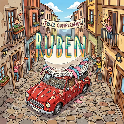 Un pueblo europeo celebrando un cumpleaños con un auto rojo cargando una torta y el nombre Ruben flotando