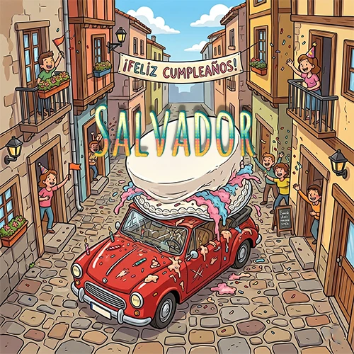 Un pueblo europeo celebrando un cumpleaños con un auto rojo cargando una torta y el nombre Salvador flotando