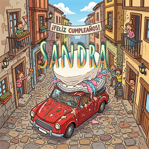 Un pueblo europeo celebrando un cumpleaños con un auto rojo cargando una torta y el nombre Sandra flotando
