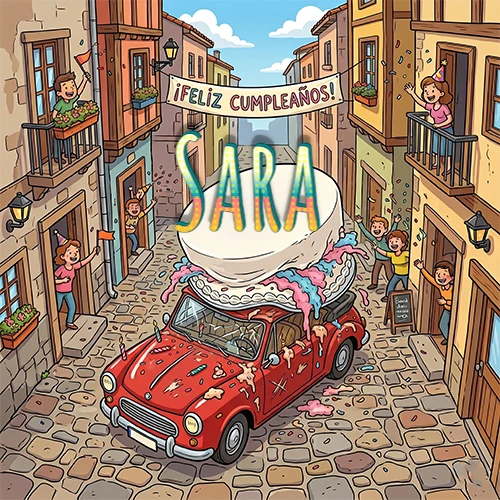 Un pueblo europeo celebrando un cumpleaños con un auto rojo cargando una torta y el nombre Sara flotando