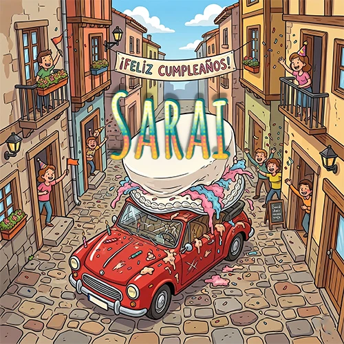 Un pueblo europeo celebrando un cumpleaños con un auto rojo cargando una torta y el nombre Sarai flotando
