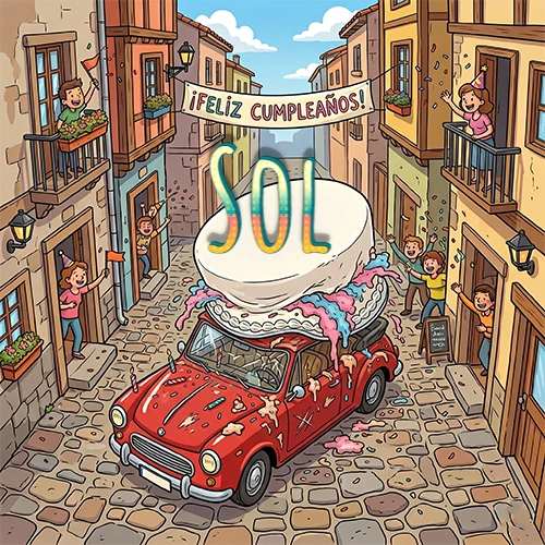 Un pueblo europeo celebrando un cumpleaños con un auto rojo cargando una torta y el nombre Sol flotando