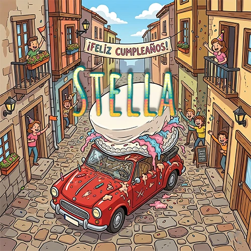 Un pueblo europeo celebrando un cumpleaños con un auto rojo cargando una torta y el nombre Stella flotando