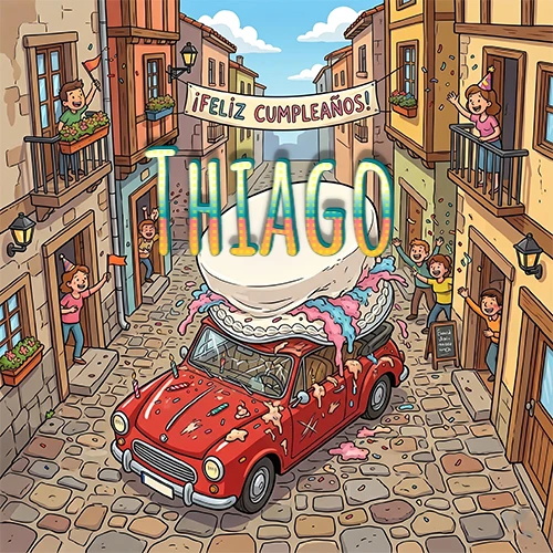 Un pueblo europeo celebrando un cumpleaños con un auto rojo cargando una torta y el nombre Thiago flotando
