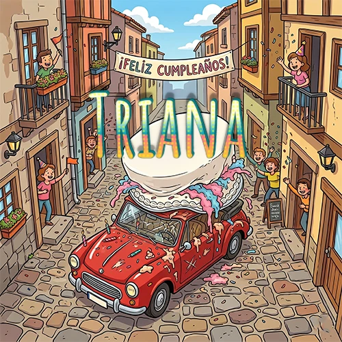 Un pueblo europeo celebrando un cumpleaños con un auto rojo cargando una torta y el nombre Triana flotando