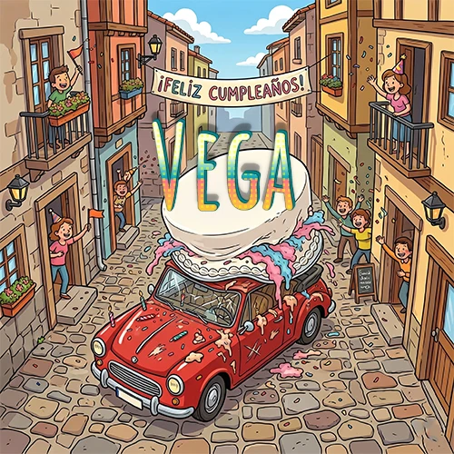Un pueblo europeo celebrando un cumpleaños con un auto rojo cargando una torta y el nombre Vega flotando