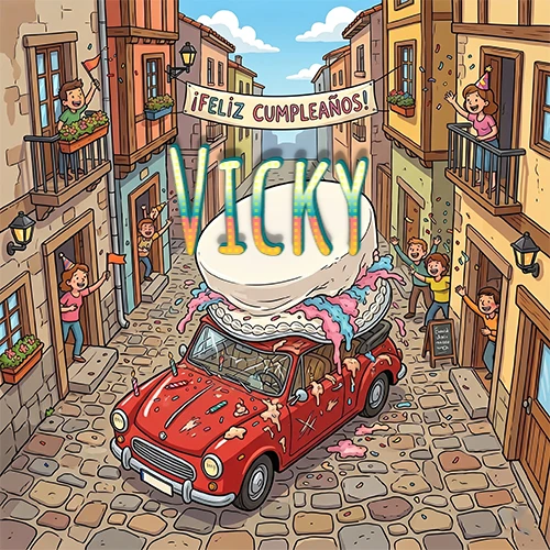Un pueblo europeo celebrando un cumpleaños con un auto rojo cargando una torta y el nombre Vicky flotando