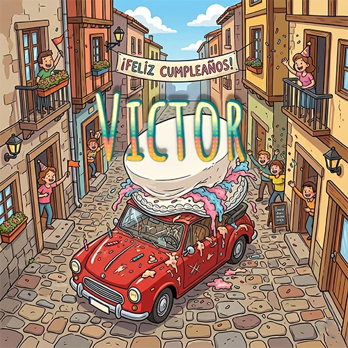 Un pueblo europeo celebrando un cumpleaños con un auto rojo cargando una torta y el nombre Victor flotando