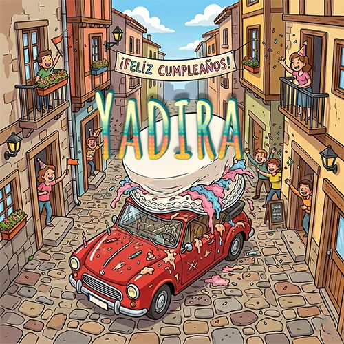 Un pueblo europeo celebrando un cumpleaños con un auto rojo cargando una torta y el nombre Yadira flotando