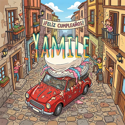 Un pueblo europeo celebrando un cumpleaños con un auto rojo cargando una torta y el nombre Yamile flotando