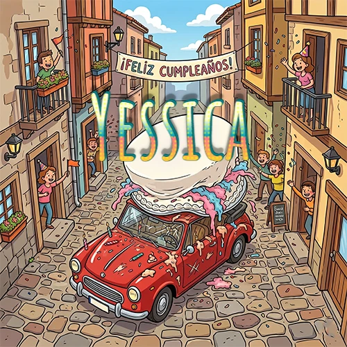 Un pueblo europeo celebrando un cumpleaños con un auto rojo cargando una torta y el nombre Yessica flotando