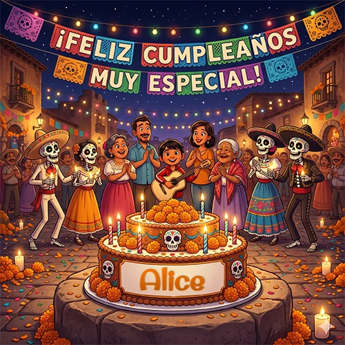 Familia y mariachis calaca celebrando un cumpleaños con una torta decorada y el nombre Alice