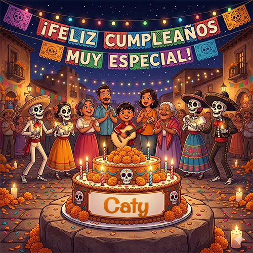 Familia y mariachis calaca celebrando un cumpleaños con una torta decorada y el nombre Caty
