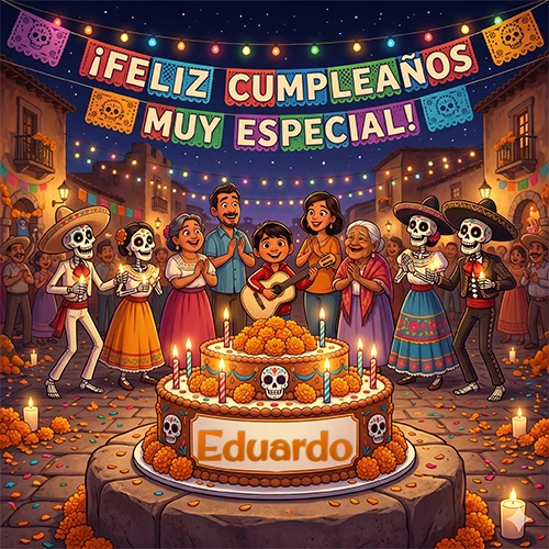 Familia y mariachis calaca celebrando un cumpleaños con una torta decorada y el nombre Eduardo
