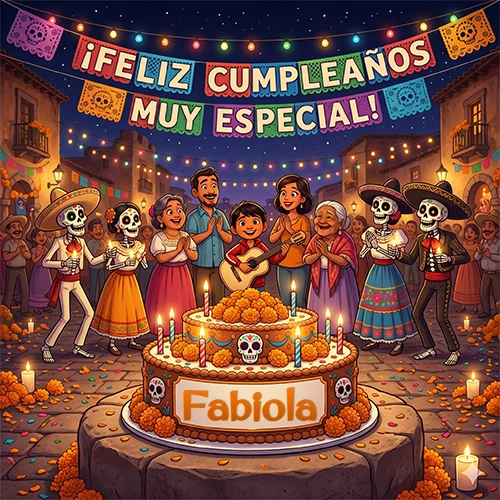 Familia y mariachis calaca celebrando un cumpleaños con una torta decorada y el nombre Fabiola