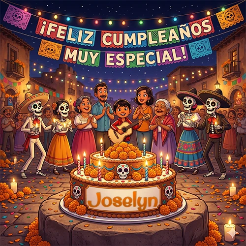 Familia y mariachis calaca celebrando un cumpleaños con una torta decorada y el nombre Joselyn